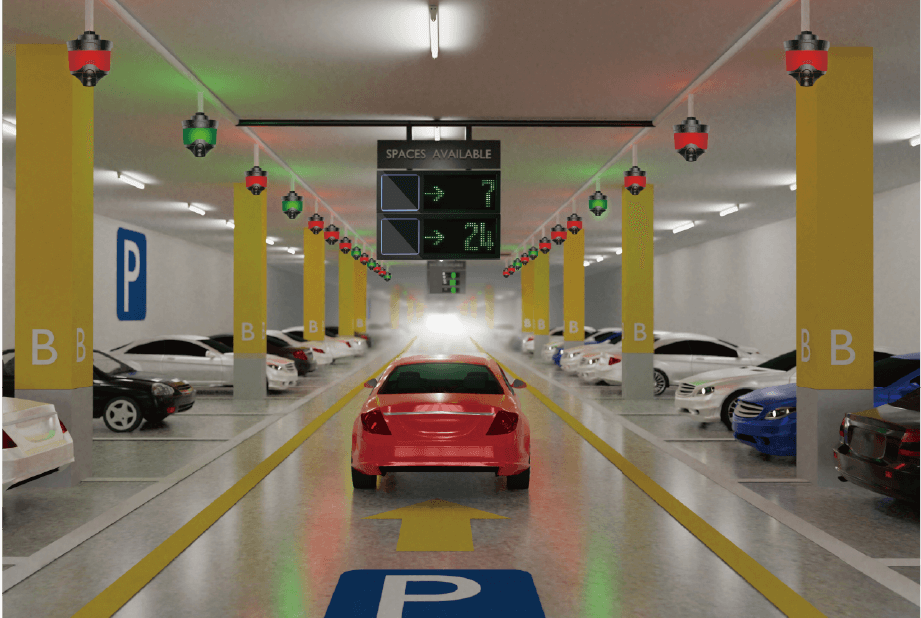 Parking intelligent avec capteurs lumineux et affichage des places disponibles
